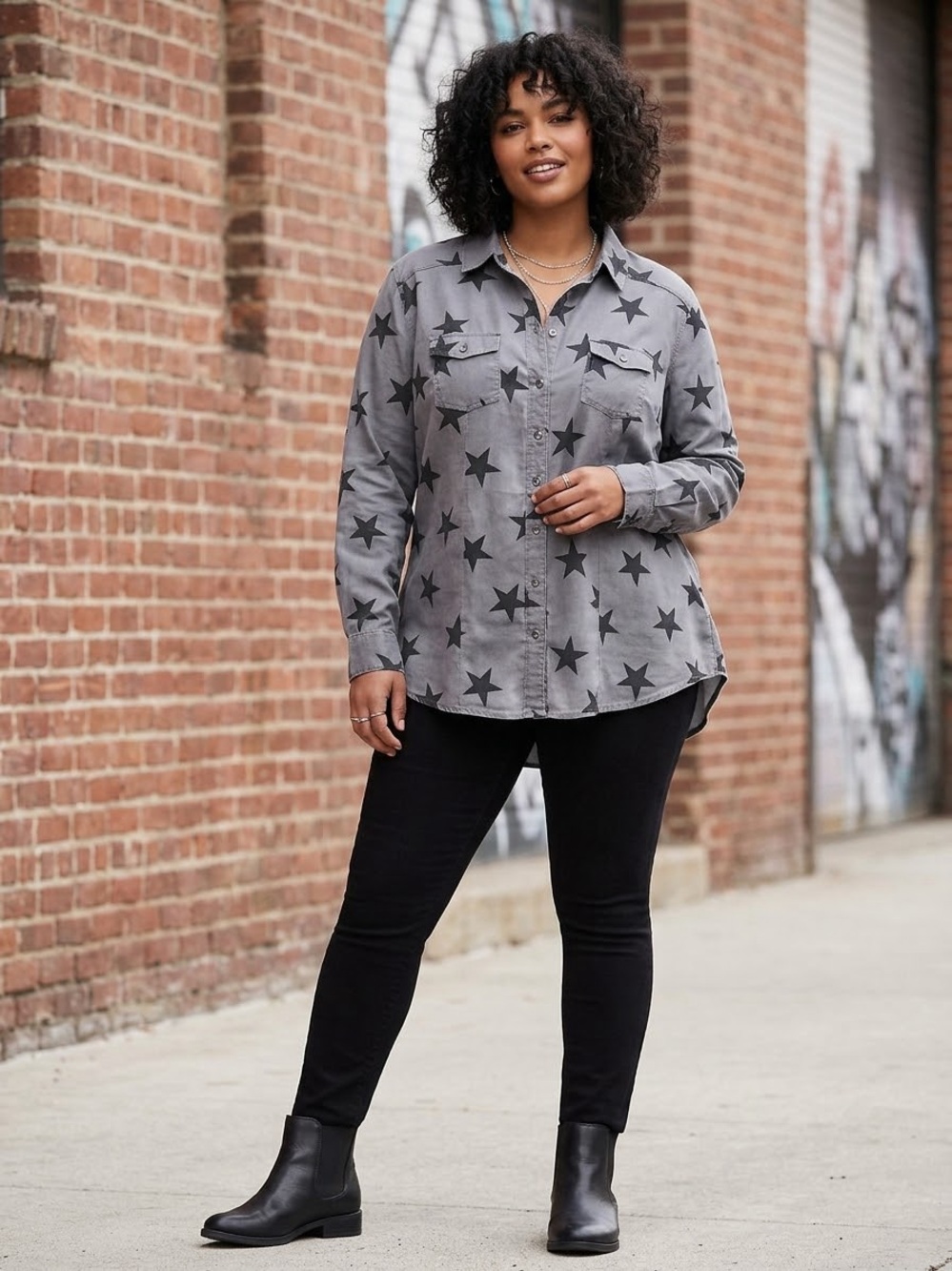 Torrid Grey Star Print Button Down Shirt Size 1 1X Long Sleeve Utility Pocket